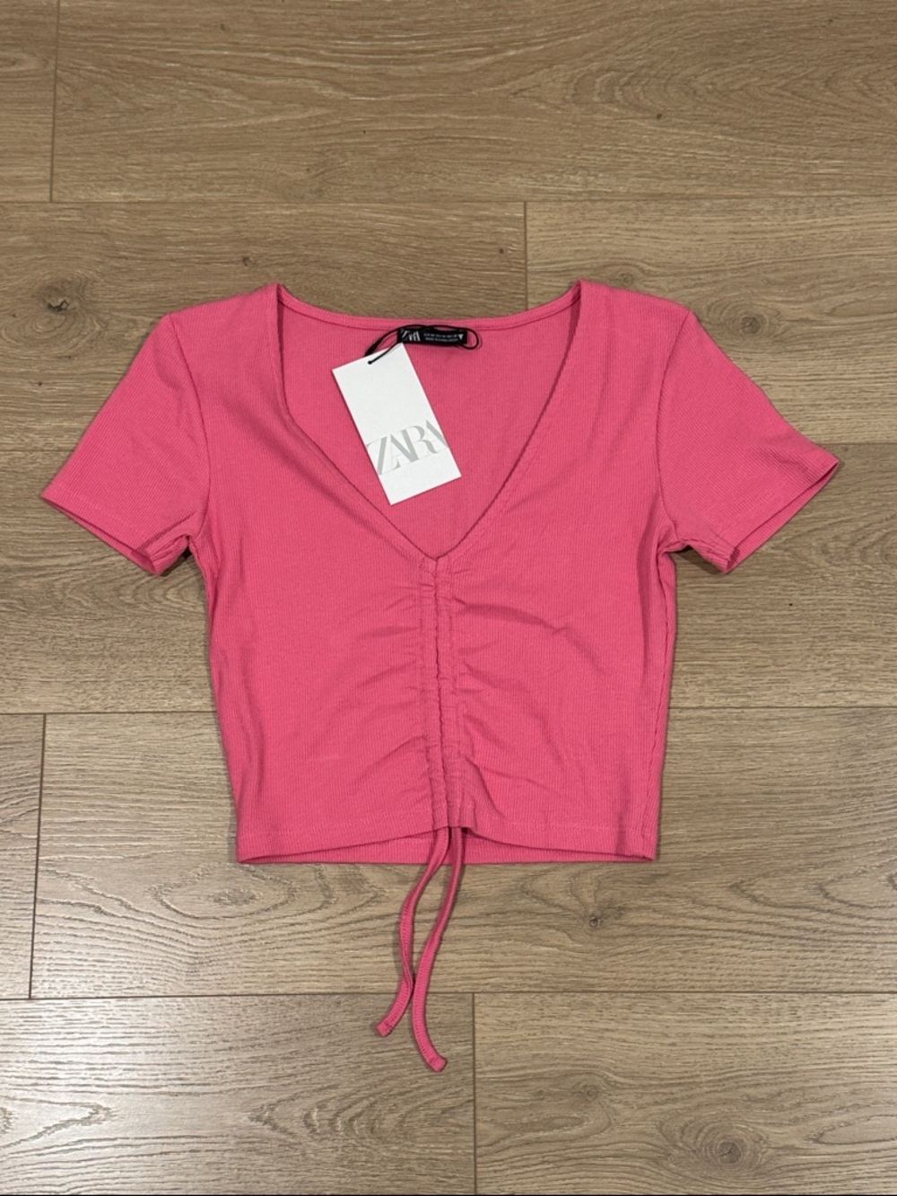 NEW Zara Ribbed Ruched V Neck Crop Top Pink Short Sleeve Women's Size Medium
